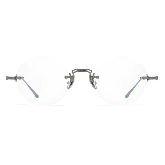 Vintage Round Rimless Titanium Eyeglasses with Engraved Metal Details model F10122 | Agstum Optical